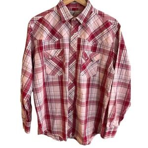 Vintage Wrangler Red Plaid Metallic Long Sleeve Pearl Snap Shirt Size Large Read